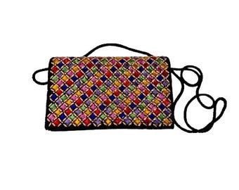 Bolso de mano/hombro vintage de los años 80 de Carla Marchi con gemas de diamantes multicolores estilo arlequín.