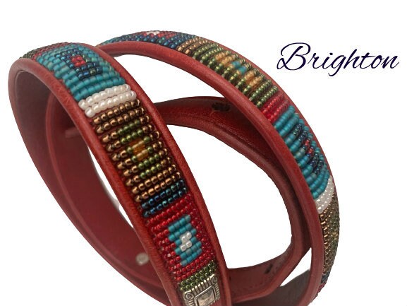 BRIGHTON Red Leather Beaded Rainbow Western Boho Festival Belt Small 28 BRIGHTON Red Multicolor Southwestern Beaded | Mercari main image 4