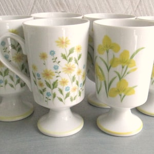 Floral Pedestal Coffee Tea Mugs vintage 1970s Flower Power Kitchen Set de 6