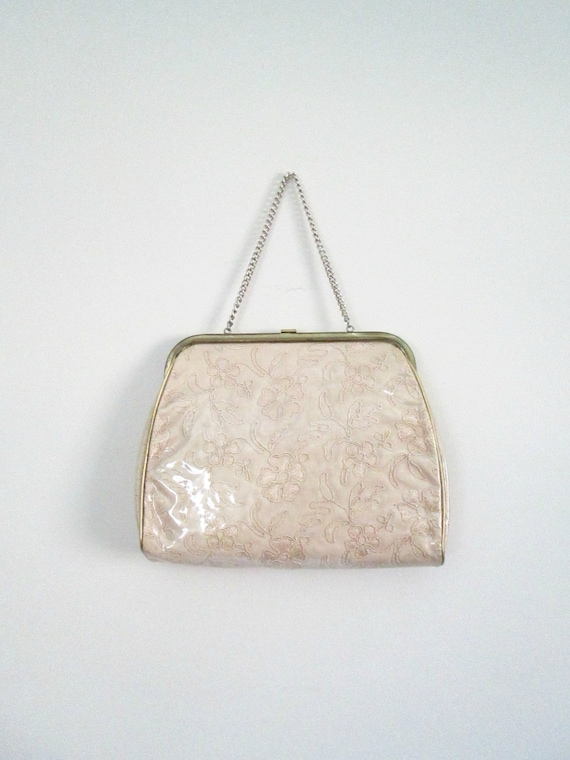 Vintage 1950s Gold Embroidered Handbag Clear Vinyl Covered Chain Handle