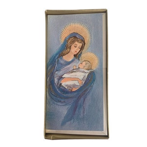 マドンナと子供の宗教的な箱入りクリスマスカード // ミッドセンチュリー ホールマーク スリム ジム デッドストック 1960 年代