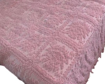 Mid Century Pink Cotton Chenille Fringed Bedspread 120 x 104 Inches Queen/King Bed Cover