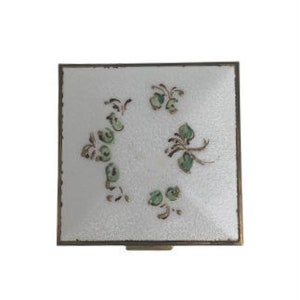 White Guilloche Green Floral Compact // Vintage Zell Fifth Avenue