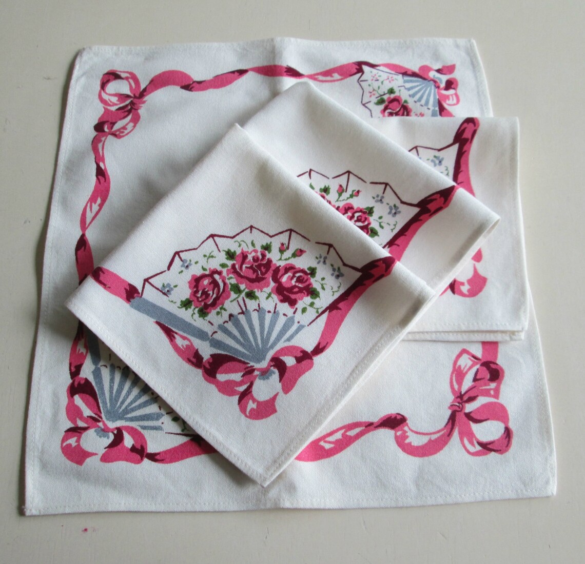 Mid Century Cocktail Napkins / Pink and Gray Fans Roses Bows / Etsy