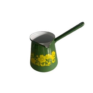 Vintage emalj turkisk kaffekanna grön gul blommig handtag pip 44 fluid ounce Cezve