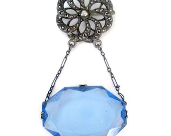 Art Deco Blue Czech Glass Lavalier Brooch PSCo Antique Pin