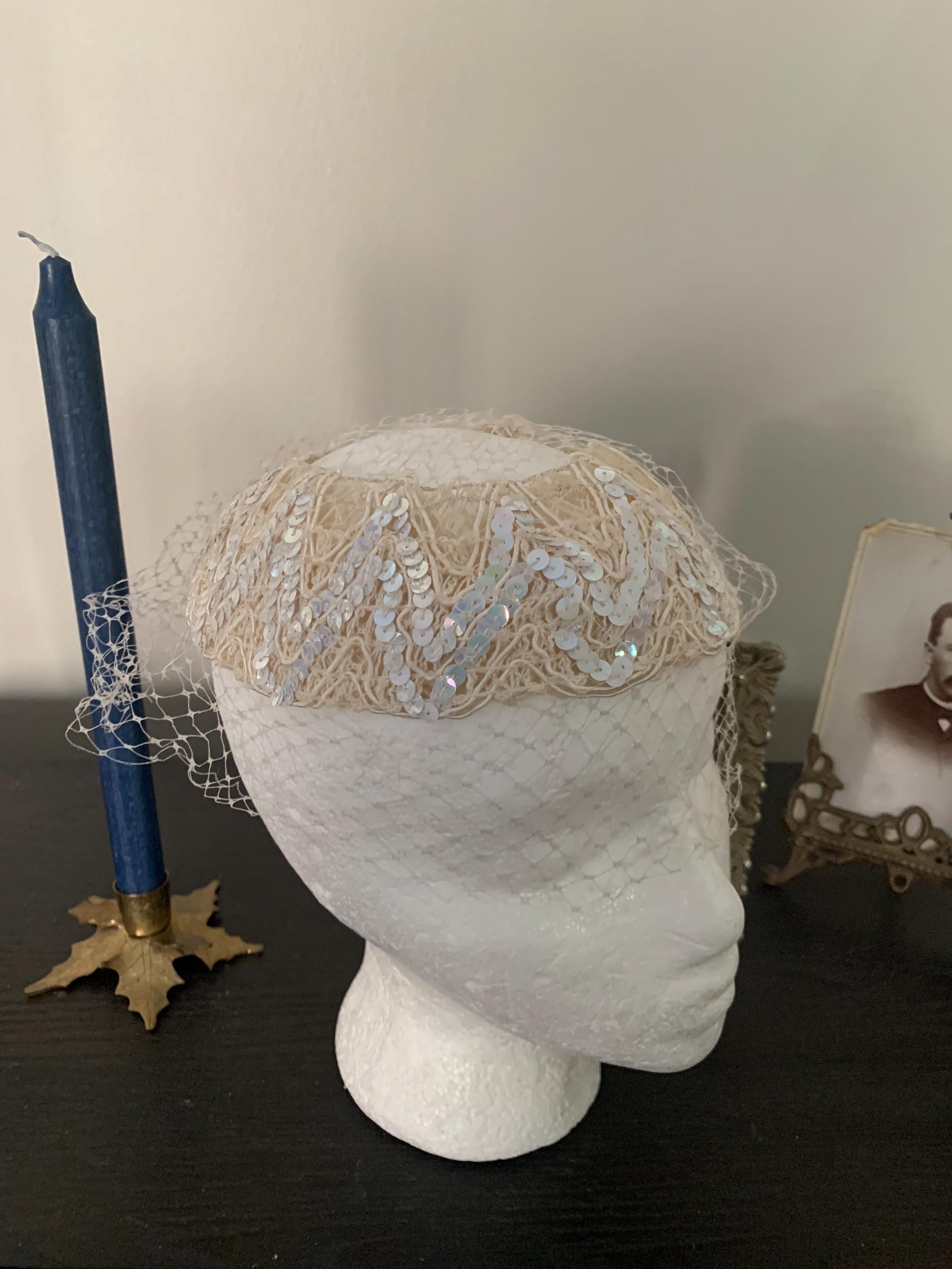Antique White Netted Iridescent Sequins Fascinator  display picture 1