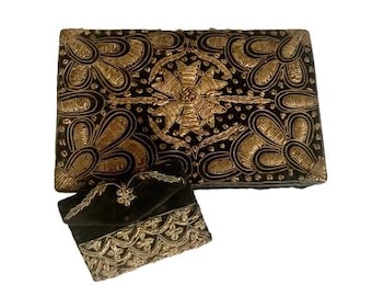 Black Velvet Embroidered Clutch Vintage Zardozi Mid Century Evening Bag