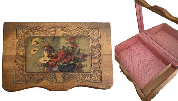 Antique Wooden Box with Mirror // Decorative Trinket Jewelry Storage Chest