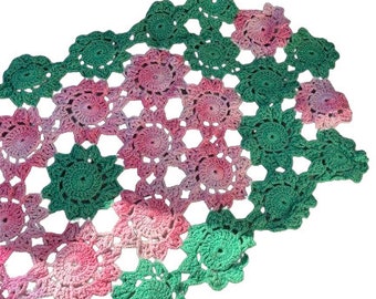 Pink Green Cotton Crochet Doily Runner