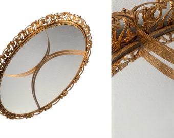 Hollywood Regency Ormolu Mirror Tray with Dividers // Rare 1960s Antique Gold Boudoir Decor