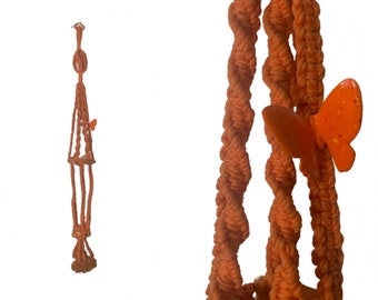 Orange Macrame Double Plant Hanger // Mid Century 1970s Boho Hippie Home & Garden