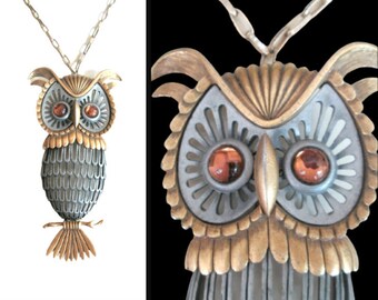 Oversized Owl Necklace Vintage 1970s Silver and Gold Metal Kitsch Statement Accessory