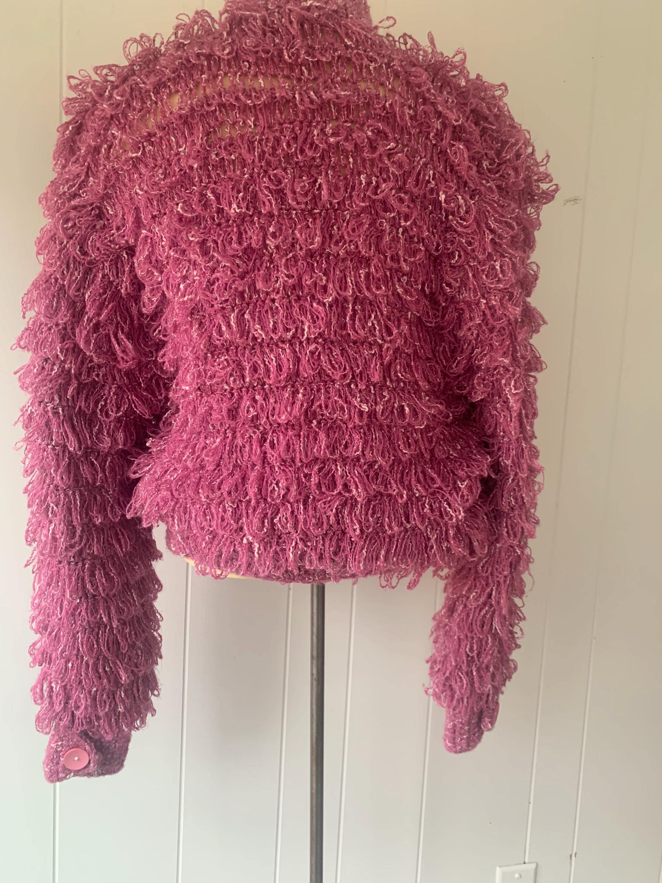 Shaggy Loop Cardigan Sweater Jacket // Gil Aimbez 1970s Pink Wooly