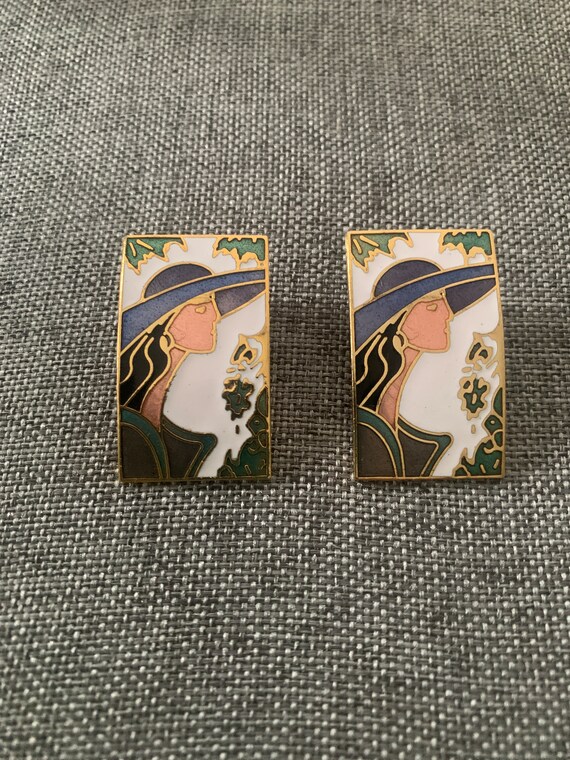 Cloisonné Lady In Hat Pierced Earrings