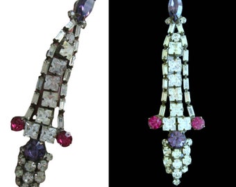 Art Deco Lavalier Pendant Brooch / Multicolored Rhinestones Shoulder Duster Jewelry