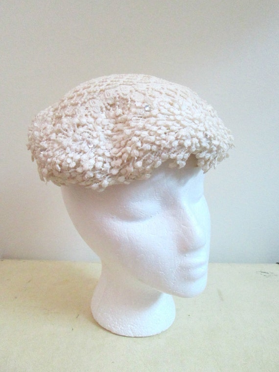 1950s Wedding Hat Lace Crochet Antique White Mid C