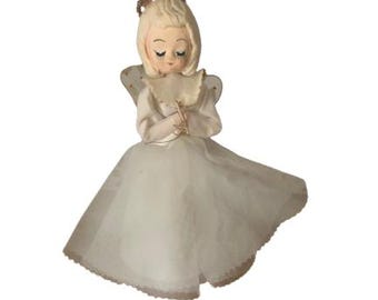 1950s 1960s Blonde Tulle Dress Winged Angel Mid Century Guardian Cherub Doll Figure
