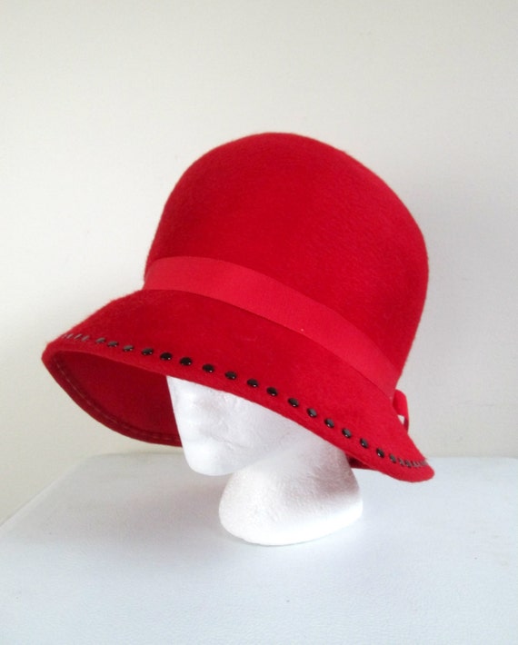 Red Felt Wool Cloche Mr. John Classic Studded Winter Hat - Etsy display picture 1