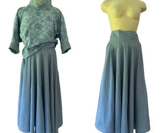 Gunne Sax Blaue Röcke Passende Top Set // Vintage Baumwoll-Mischgewebe Zweiteiler