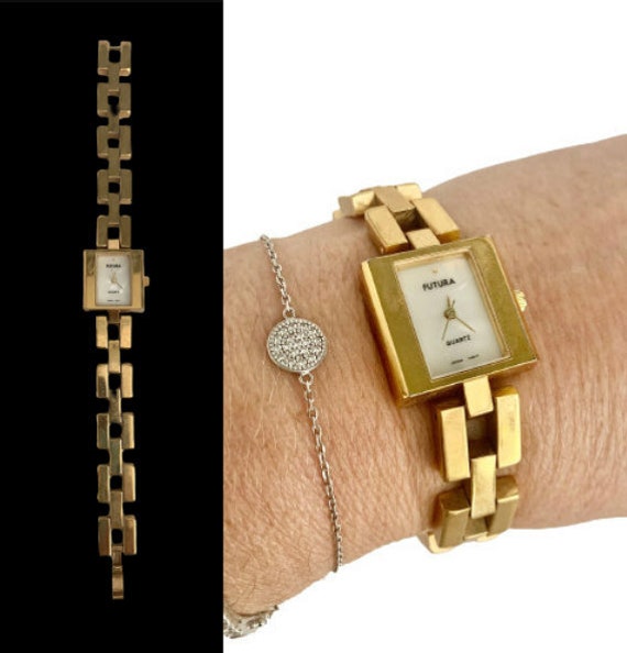 Chunky Gold Link Bracelet Wristwatch // Vintage L… - image 1