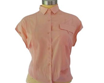 1970s Peach Pink Pleated Blouse Vintage Oliver Paris Boutique Button Front Women's Shirt