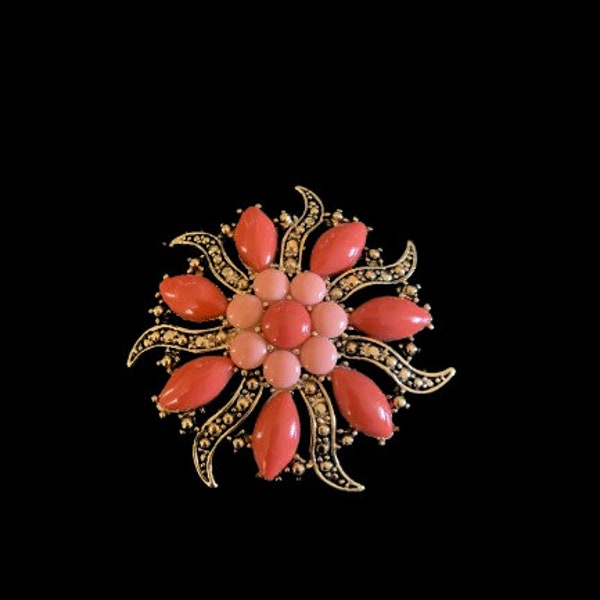 Monet Coral Navette Vintage Brooch