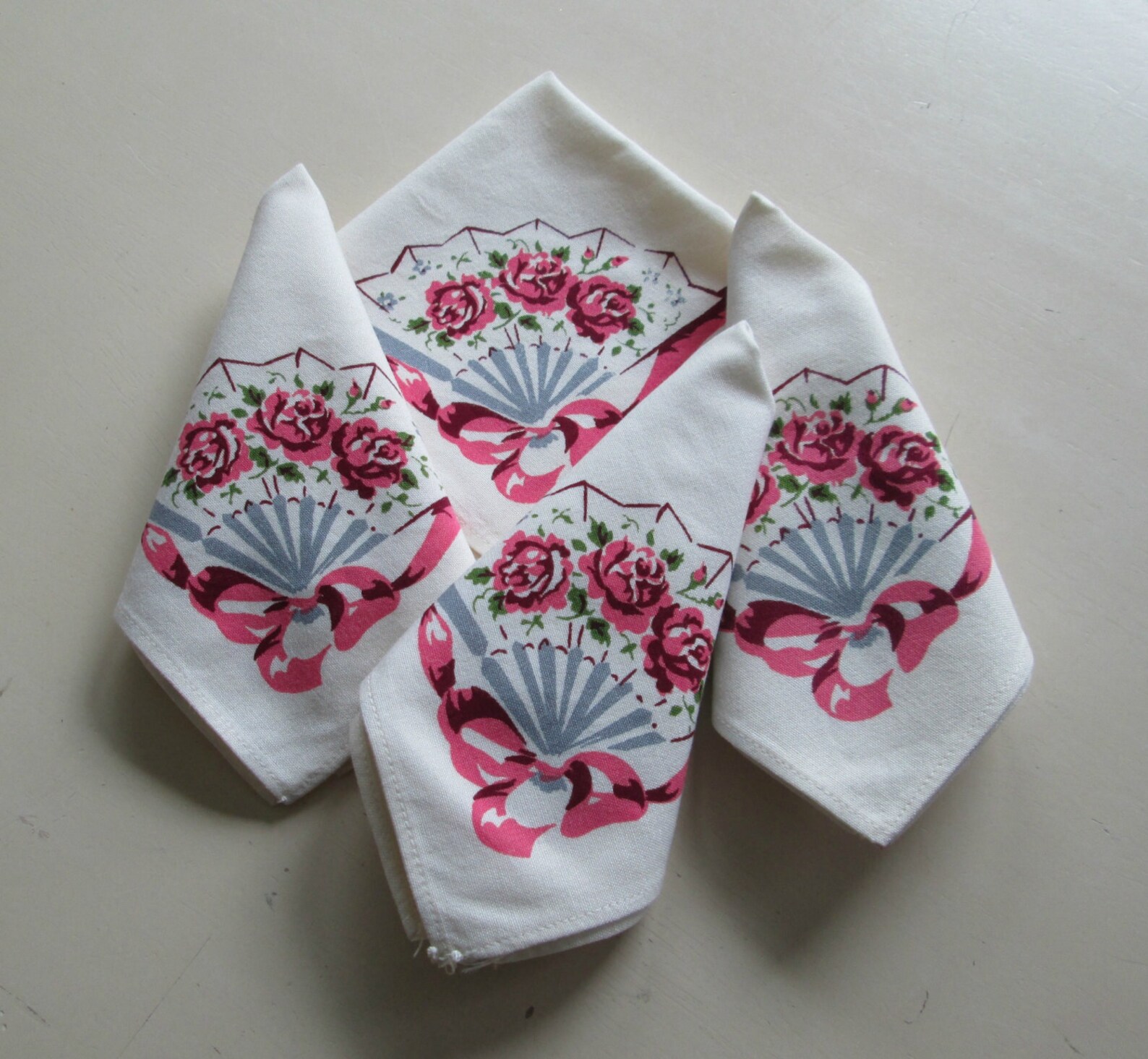 Mid Century Cocktail Napkins / Pink and Gray Fans Roses Bows / Etsy