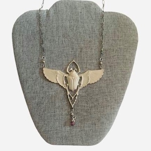 Silver Scarab Dragonfly Pendant Necklace Vintage Egyptian Revival Jewelry