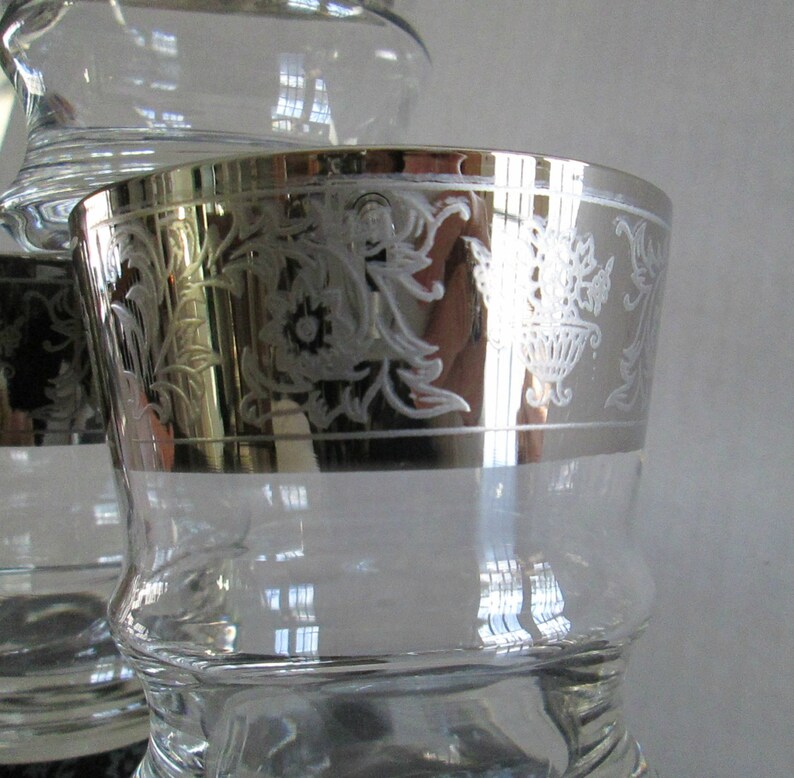 Silver Etched Glass Bar Glasses Barware Mid Century Home Etsy