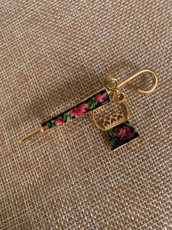 Petit Point Embroidered Umbrella Handbag Brooch Pi