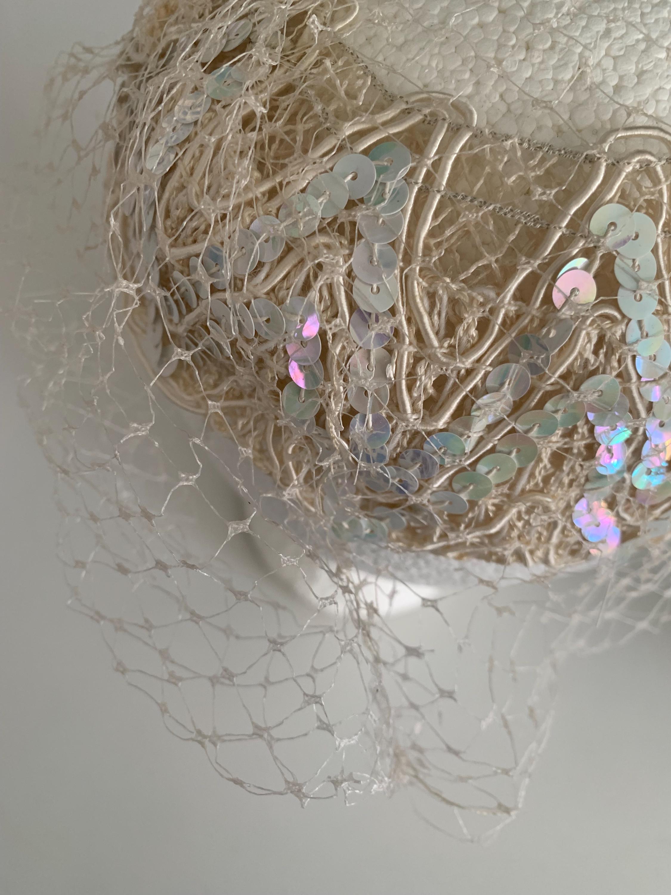 Antique White Netted Iridescent Sequins Fascinator  display picture 2