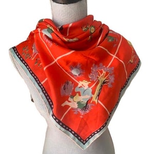 1940s Japan Red Silk Print Scarf / Hunters Gatherers Animals Design