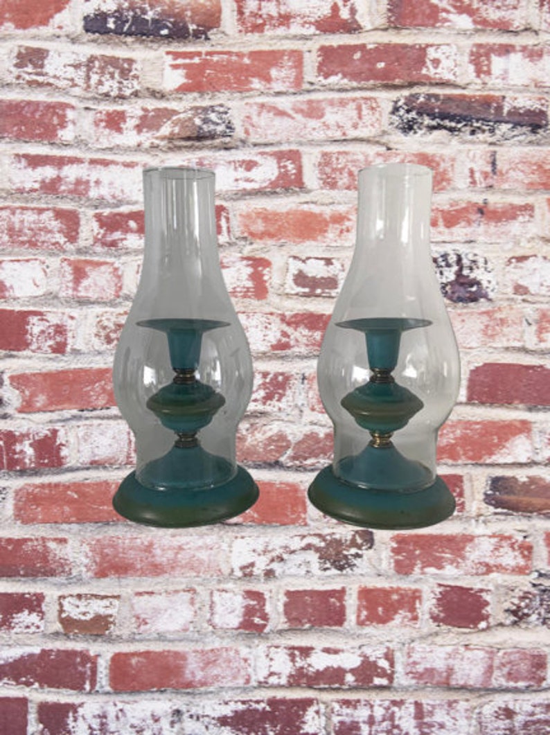 Hurricane Lamp Candle Holders Set of Two // 1970s Teal Olive Etsy