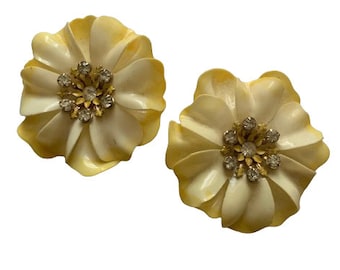 Yellow Flowers Rhinestones Statement Earrings // Mid Century 1950s 1960s Molded Plastic Jewelry