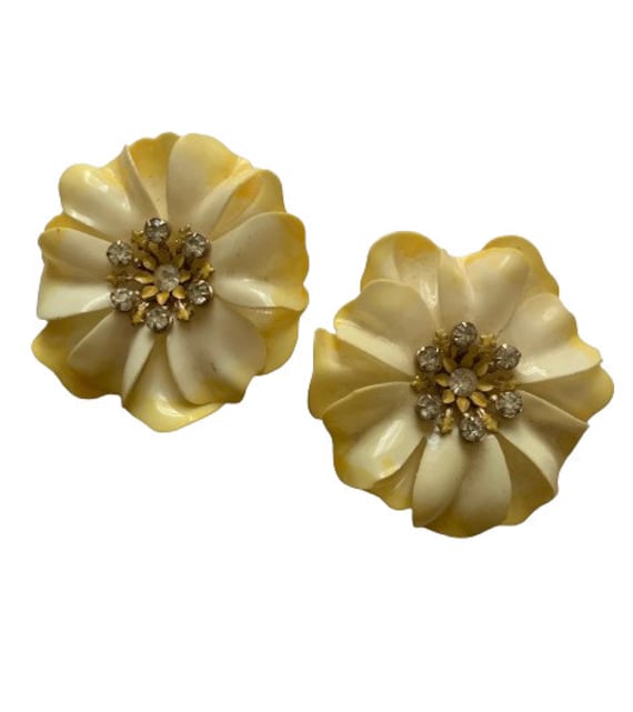Yellow Flowers Rhinestones Statement Earrings // M