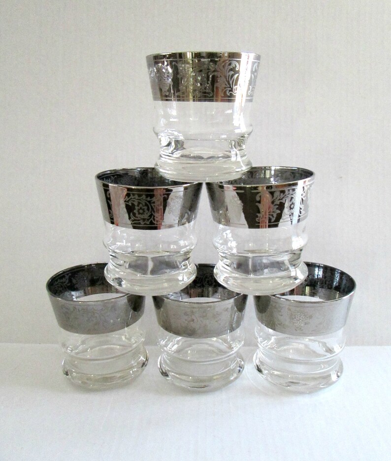 Silver Etched Glass Bar Glasses Barware Mid Century Home Etsy