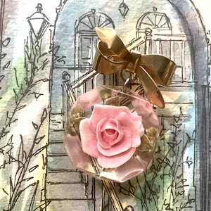 1940s Pink Rose  Lucite Brooch // Gold Bow Pin