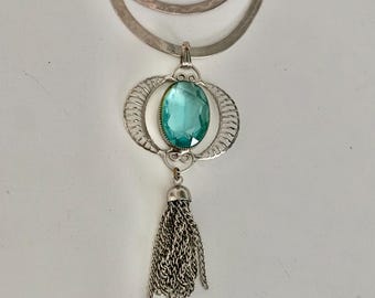 Aquamarine Silver Herringbone Tassel Necklace