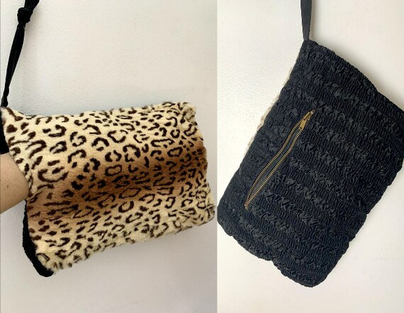 1940s Faux Fur Leopard Hand Muff Handbag Purse