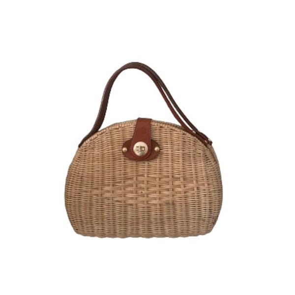 Babette Leather Trim Wicker Handbag // Vintage Mid Century Hong Kong Handmade Bag