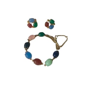 Glass Scarab Bracelet Earrings Set // Vintage Egyptian Design Jewelry