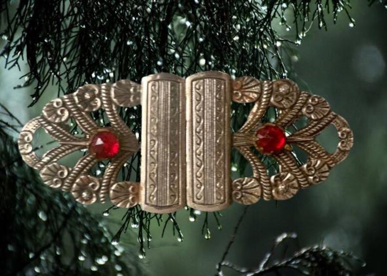 May include: A vintage gold-toned metal buckle with ornate filigree designs and two red gemstone accents. The buckle has a central rectangular clasp. The background is a blurred image of green foliage.