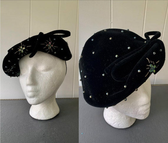 1940s La Rose Black Velvet Fascinator Hat