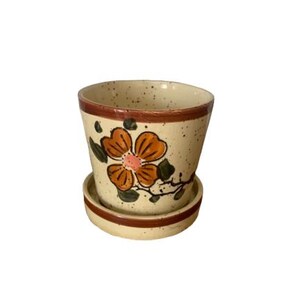 Maceta pequeña de gres moteado con orificio de drenaje incorporado, plato de drenaje, cerámica japonesa vintage.