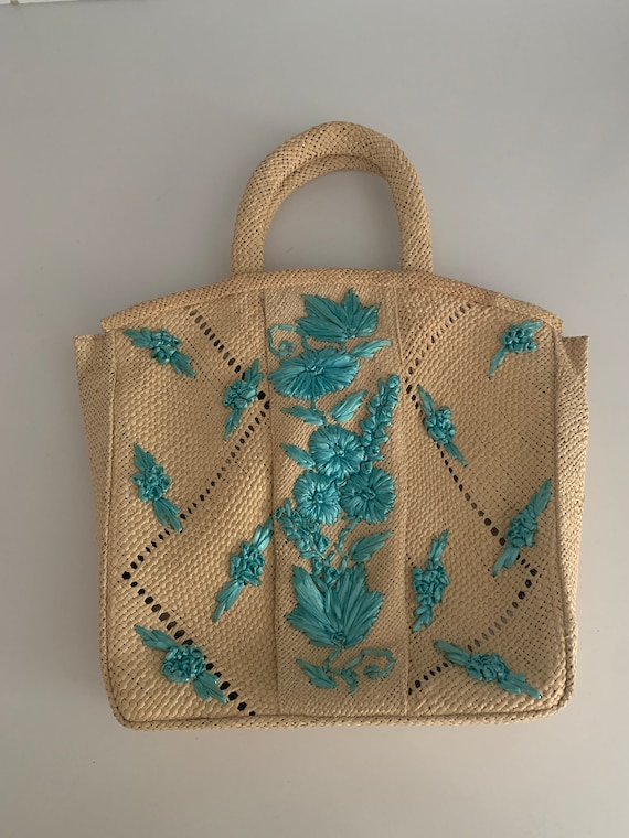 Turquoise Flowers Raffia Straw Handbag Tote Bag