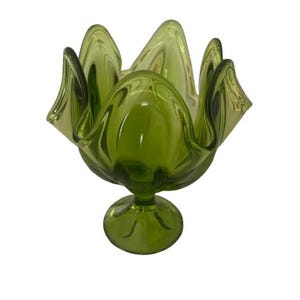 MCM Green Art Glass Compote Dish Vintage 1960s Viking Ruffle Petal Vase