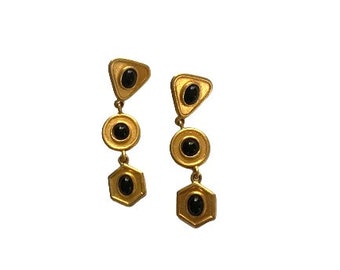 1980s Dubin Gold Black Earrings // Roman Etruscan Style Dangling High End Pierced