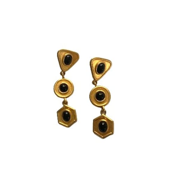 1980s Dubin Gold Black Earrings // Roman Etruscan Style Dangling High End Pierced