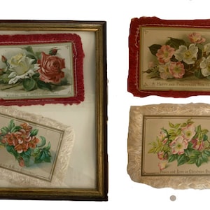 Cartoline con frange vintage incorniciate // Cartolina reversibile di Natale di Capodanno del 1800